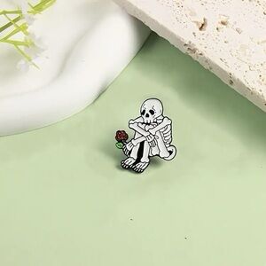 Skeleton Enamel Pin with Red Rose Pin